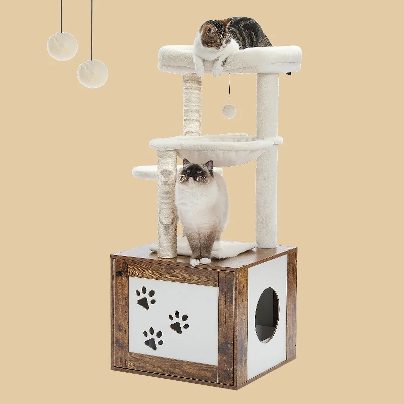 PAWZ Road Luxury Wooden Multifunctional Cat Tree With Enclosure For Standard Litter Box——Brown