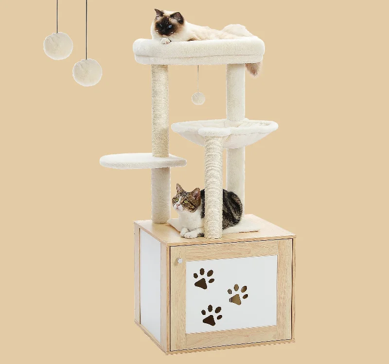 PAWZ Road Luxury Wooden Multifunctional Cat Tree With Enclosure For Standard Litter Box——Beige