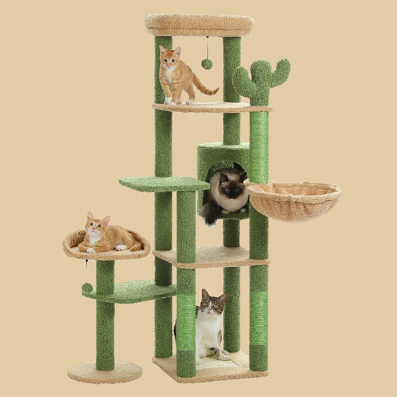 PAWZ Road 59" Cactus Multi-Level with Large Hammock, Scratching Post and 2 Perches Cat Tree