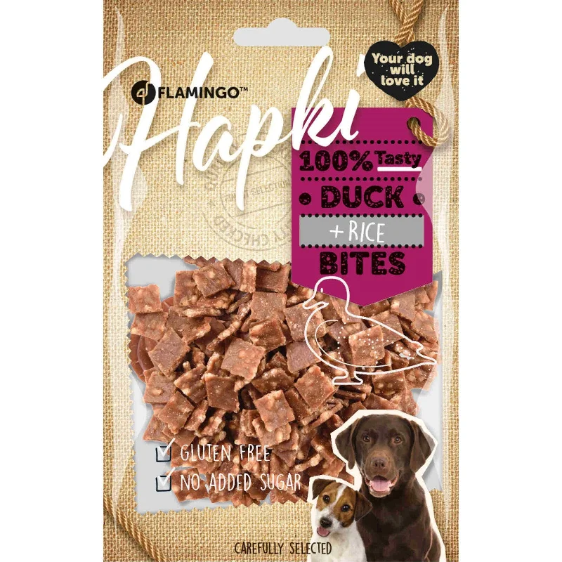 FLAMINGO Hapki Delicatese pentru câini, Bites cu raţă şi orez, 85g