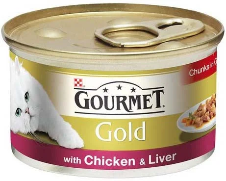 GOURMET Gold Conservă pentru pisici, cu Pui şi Ficat, cubuleţe în sos 85g