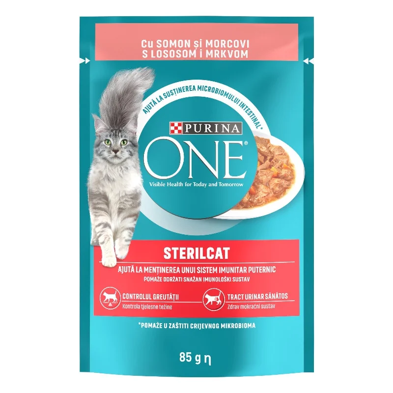 PURINA ONE Hrană umedă pentru pisici Adulte STERILCAT, cu Somon/Morcov 85g