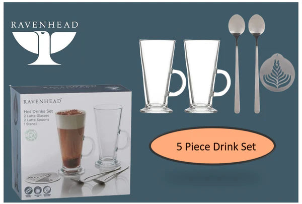 Ravenhead 5 Piece Latte/Irish Coffee Drink Set 2 Glasses, 2 Spoons and Stencil, Gift Boxed.