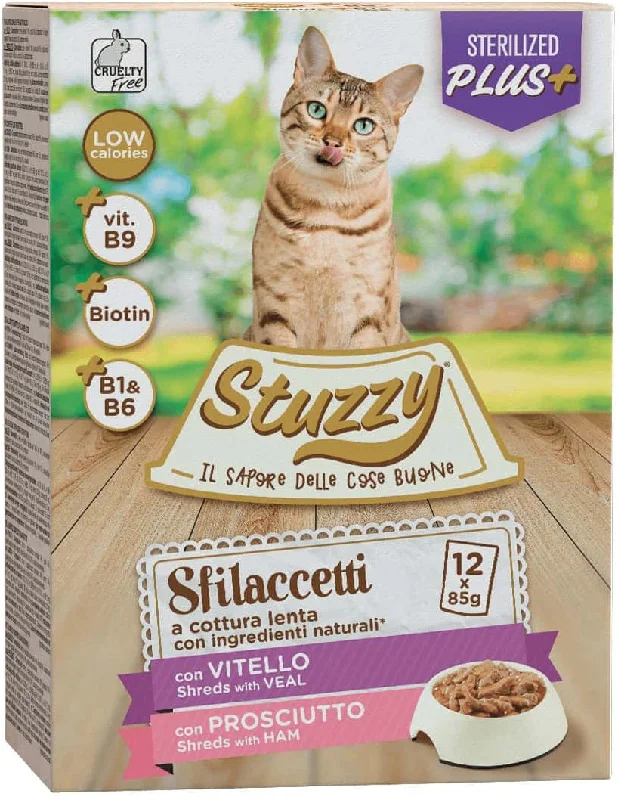 STUZZY Sfilacetti Pachet plicuri pentru pisici sterilizate Viţel/Şuncă 12x85g