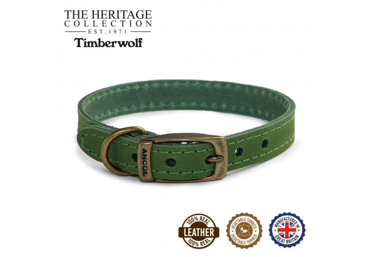 Ancol - Timberwolf Leather Collar - Green - 26-31cm (Size 2)