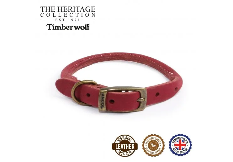 Ancol - Timberwolf Round Leather Collar - Raspberry (Pink) - 39-48cm (Size 5)