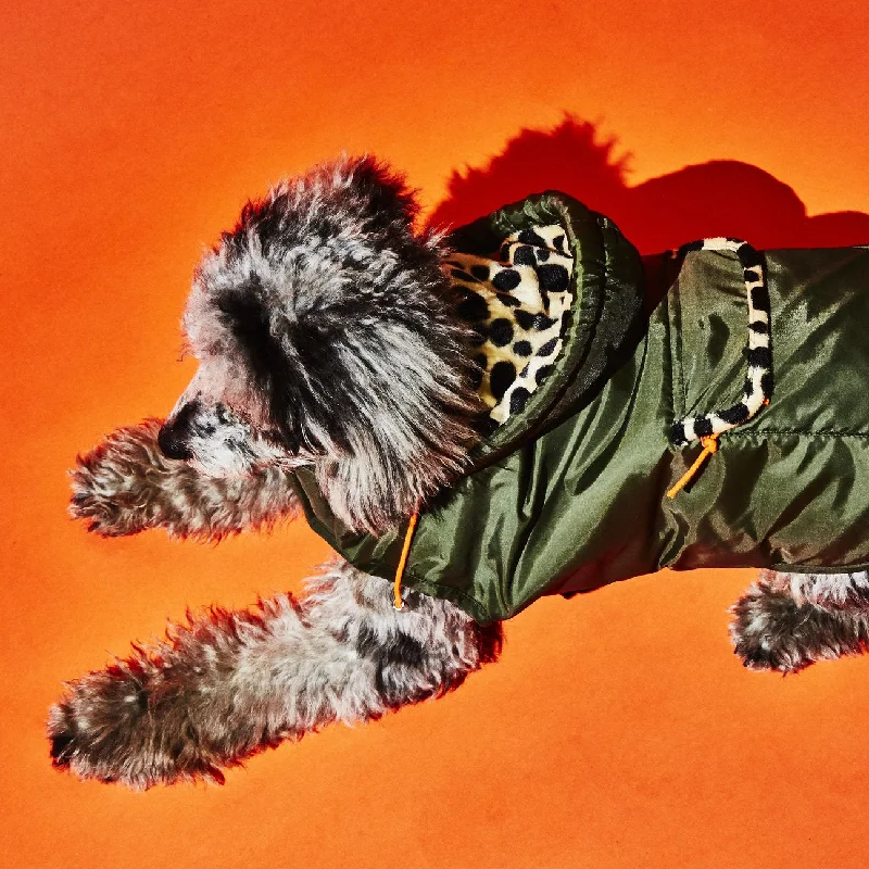 Olive w/ Animal Print Lining Puffer Dog Coat (FINAL SALE)